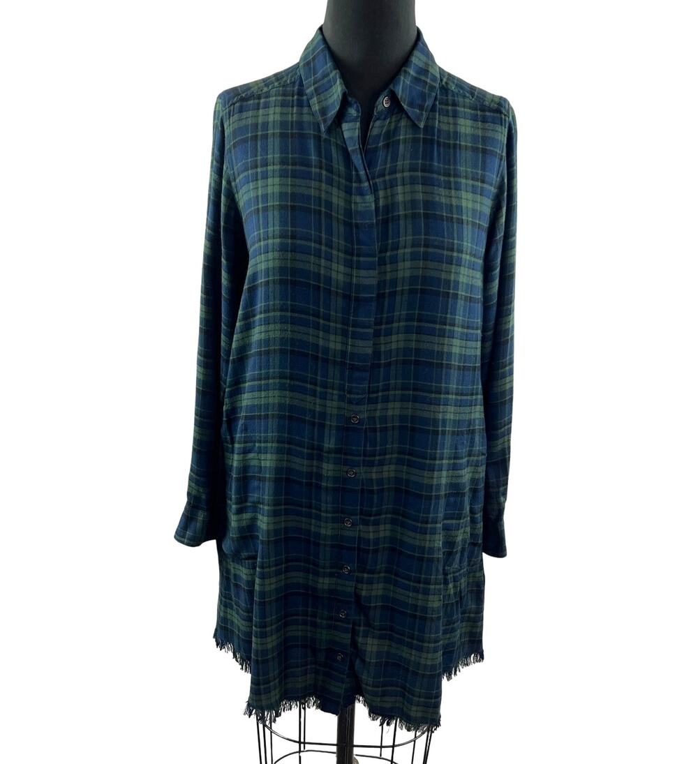 MICHAEL STARS Blue Plaid Button-Down Shirt Tunic Raw Edge Hem Long Sleeves Sz S